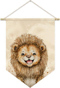Safari Nursery Decor, Baby Lion Cute Wall Art,Kids room Canvas Banner, Woodland Nursery Decor, Watercolor Animal Lion for Living Room Bedroom Kids Room, Hanging Pennant Flag Banner 15x11in