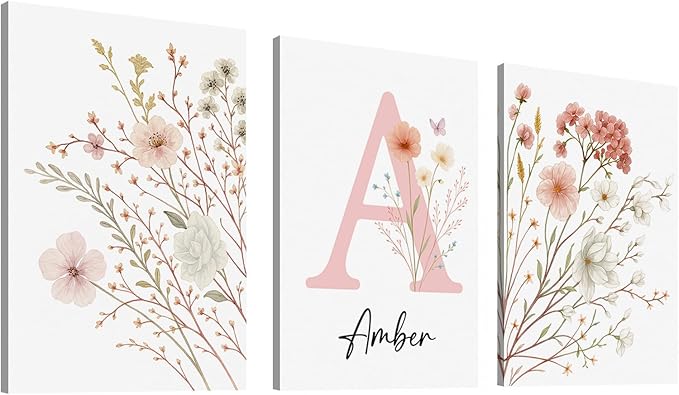 Personalized Girls Nursery Wall Art - Custom Name Pink Floral Butterfly Canvas Print 3pc Framed Wrapped Canvas for Bedroom Living Room Entryway Study Room Initial Wall Decor Baby Shower Birthday Easter Graduation New Year Valentine's Day Gift (20×30cm/...