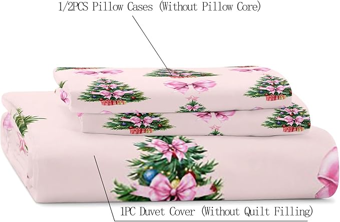 LUVIVIHOME 2PCS Pink Bow Christmas Tree Duvet Cover Twin Bedding Sets, Teen Girl Bedding, Light Pink Duvet Cover, Xmas Tree Winter Holiday Festival Coquette Christmas Comforter Cover, 1 Pillow Case