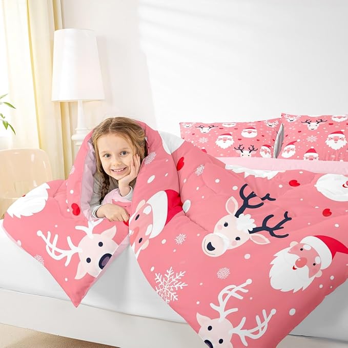 Feelyou Christmas Comforter Set All Season Santa Deer Bedding Set with 1 Pillow Cases Snowflake Microfiber Kids Twin Bedclothes Bedroom Decor Duvet Quilt Breathable Soft Lightweight