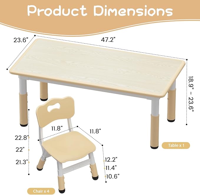 Kids Table and 4 Chairs Set, Height Adjustable Toddler Table and Chair Set for Ages 2-10, Graffiti Desktop, Non-Slip Legs, Arts & Crafts Table, Children Activity Table for Daycare Classroom Home
