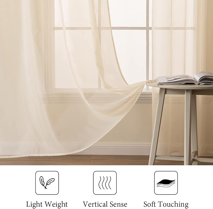 MIULEE 2 Panels Solid Color Sheer Window Curtains Elegant Window Voile Panels/Drapes/Treatment for Bedroom Living Room (54 X 72 Inches Cream Beige)