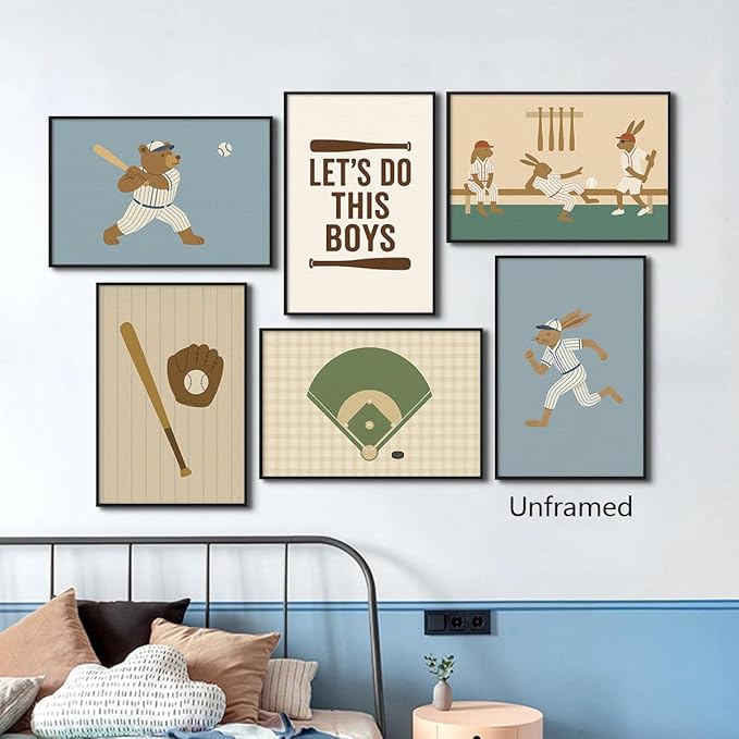 Baseball Poster Canvas, Baby Boy Sports Nursery Wall Art, Cute Animal Rabbit Bear Athletes Pictures, Let's Do This Boys Charming Quote Print, Kids Bedroom Baseball Field Art 16x24in Wrapped Canvas