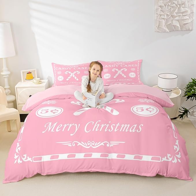 jejeloiu Christmas Bedding Set Queen Size Kids Christmas Quote Comforter Cover Set for Boys Girls Teens Candy Canes Print Duvet Cover Xmas Bedspread Cover Room Decorations Pink White Quilt Cover