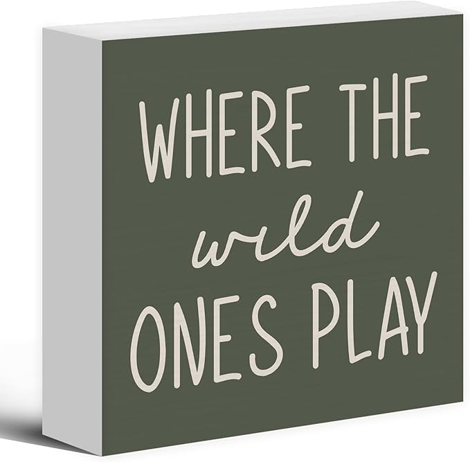 Where The Wild Ones Play Green Wood Box Sign Desk Decor 8x8, Nursery Kids Room Wooden Block Sign Decorations for Playroom Toddler Boys Girls Room Wall Tabletop Shelf Decor