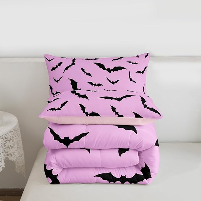 Erosebridal Gothic Bat Comforter Set Halloween Theme Bedding Set Twin Size,Horror Spooky Animal Quilt for Kids Boys Girls Adults Black Bats Silhouette Down Comforter,Pink Goth Room Decor