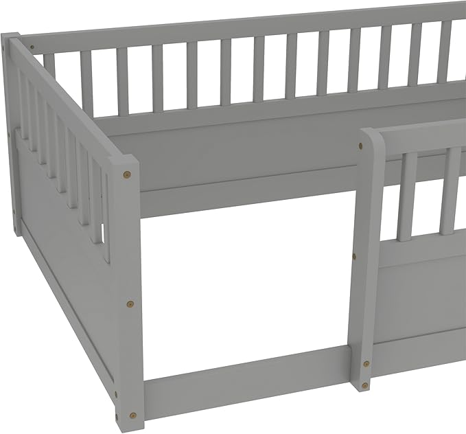 Bellemave Twin Size Floor Bed with high Rails for Kids, Girls, Boys, Wood Montessori Floor Bed Without Door, Gray