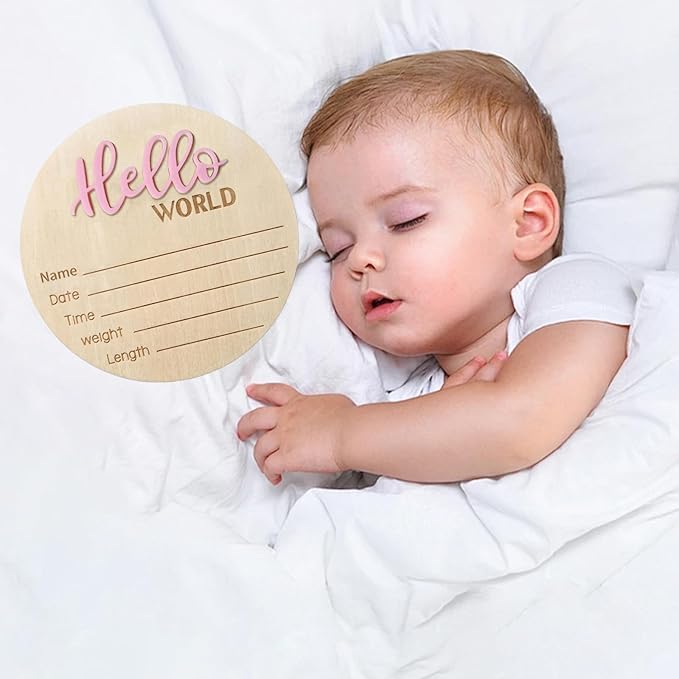 Baby Announcement Sign - 5.9 Inch Wooden Hello World Newborn Sign, Birth Announcement, Baby Shower Hospital Nursery for Newborn Boys and Girls (Pink)