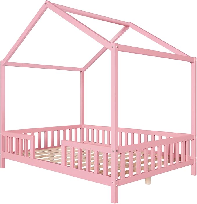 Bellemave Full House BedFrame with Canopy, Montessori Floor Bed, House Bed with Rails for Kids, Pink