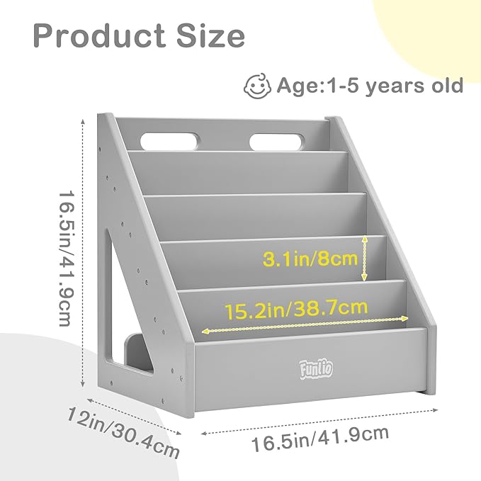 FUNLIO Montessori Bookshelf for Toddlers 1-5 Years, Front-Facing Kids Bookcase with Handle & Anti-Tilting Device, Premium Pine Baby Bookshelf, Children's Bookcase for Nursery/Classroom - Grey