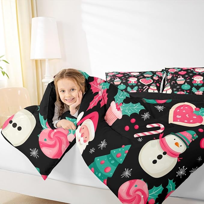 Feelyou Christmas Decor Comforter Set Full Size Pink Santa Claus Bedding Set for Kids Boys Girls New Year Gift Duvet Quilt Snowman Bedroom Decor Microfiber 3 Pcs with 2 Pillow Cases