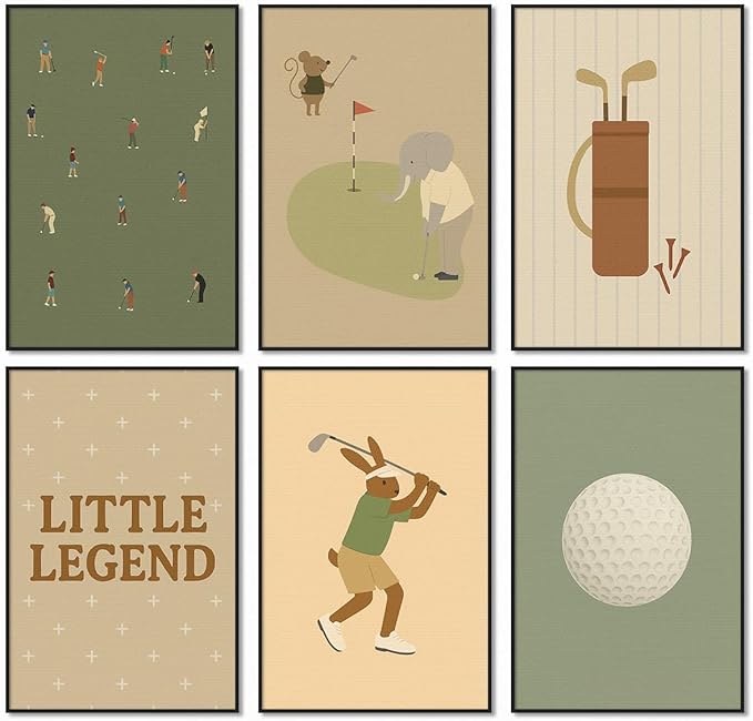 Golf Canvas Wall Art, Baby Boy Nursery Sports Posters, Animal Athletes Elephant Rabbit Pictures, Little Legend Charming Quote Print, Kids Bedroom Golf Course Wall Decor 16x24in Unframed