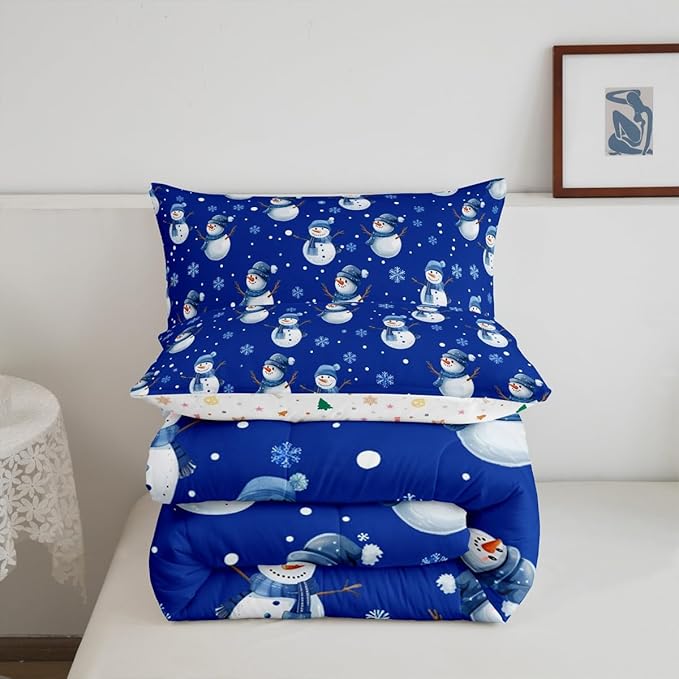 jejeloiu Kids Cute Winter Snowman Comforter Set Queen Size Blue Christmas Theme Bedding Set for Boys Girls Teens Xmas Snowflake Happy New Year Duvet Quilt Room Decor