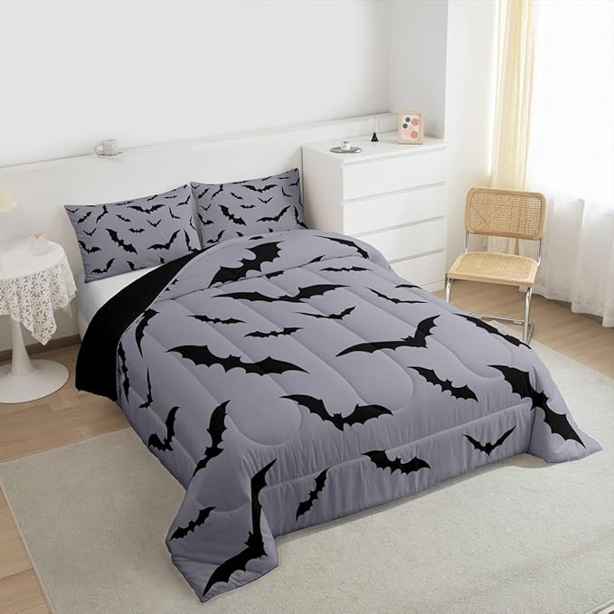 Erosebridal Halloween Comforter Set Black Bats Bedding Set Toddler Size,Black Grey Halloween Decor Quilt for Kids Boys Girls Adults Gothic Spooky Bat Down Comforter,Horror Animals Decorations