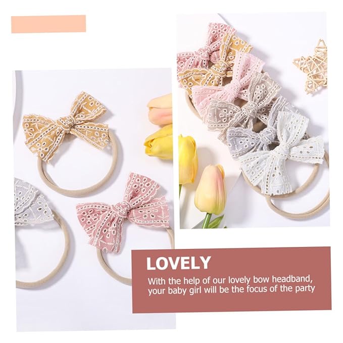 6 Pcs Headbands with Lace Bow Elastic Hairbands for Newborn Soft Nylon Hair Bows for Birthday Shower Photography Props
