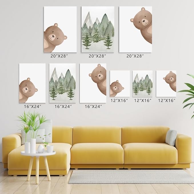 Peeking Bear Nursery Wall Decor, Woodland Nursery Nature Print, Neutral Baby Animals Wall Art for Kid Bedroom, Forest Mountain Wall Art for Baby Boy Girl Bedroom, Framed Canvas, 16"x24"x3