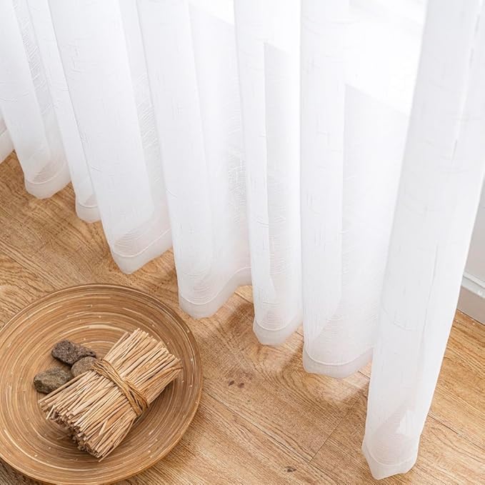 White Sheer 105 Inch Curtains Long 2 Panels, Thin Textured Linen Look Drapes for Living Room, Rustic See Through Window Treatments Decor, DIY Pinch Pleat Sliding Glass Door Curtain