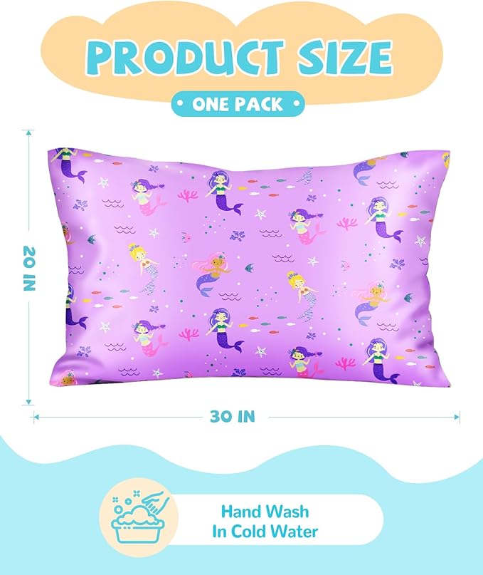 Silk Pillowcase for Kids - 30 x 20 Inches Queen Size Mulberry Silk Pillow Case with Zipper Cute Cartoon Kawaii Teens Girls Boys Pillowcase for Hair and Skin, Purple Hair Mermaid