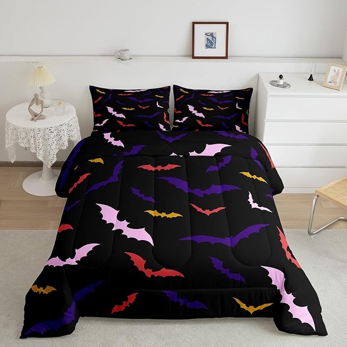 Erosebridal Bat Bedding Set Toddler Size for Kids Children Happy Halloween Comforter Set Flying Bat Quilt Gothic Spooky Down Comforter with 1 Pillow Case,Purple and Pink