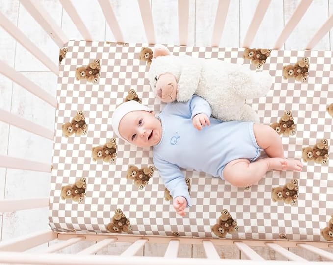 Fitted Baby Neutral Crib Sheets Bear and Buffalo Check Plaid Breathable Unisex Baby Standard Crib Sheet Set for Boys or Girls