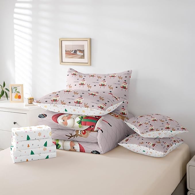 Santa Claus Bed Set Christmas Deer Bed in a Bag for Kids Boys Girls Winter Snowflake Comforter Set with Sheets Merry Christmas Khaki Bedding Set Bedroom Collection Queen Size