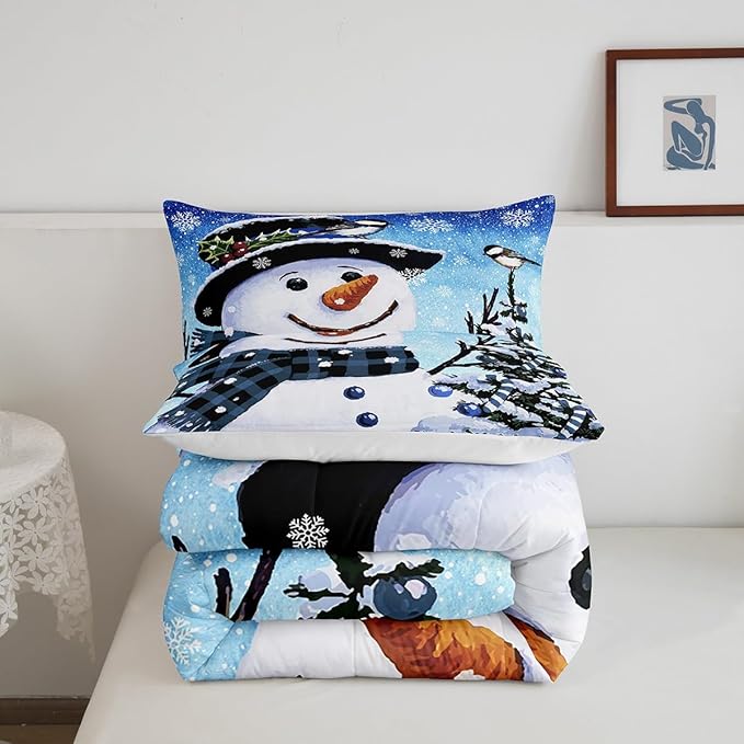 Feelyou Kids Christmas Theme Decorations Bedding Set Xmas Snowman Comforter Set for Boys Girls Snowflake Kawaii Cute Comforter Gradient Blue Quilt Set Bedroom Collection Toddler Size