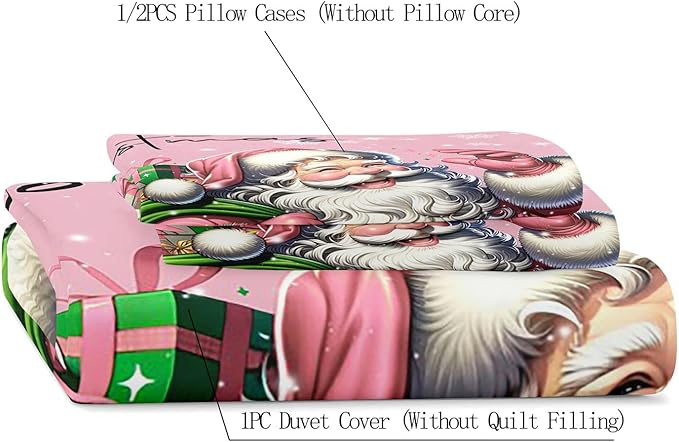 LUVIVIHOME 2PCS Pink Santa Claus Duvet Cover Twin, Christmas Bedding Sets, Pink Duvet Cover, Kids Girls Bedding, Snowflake Holiday Xmas Gifts Christmas Comforter Bedspread Quilt Cover, 1 Pillow Sham