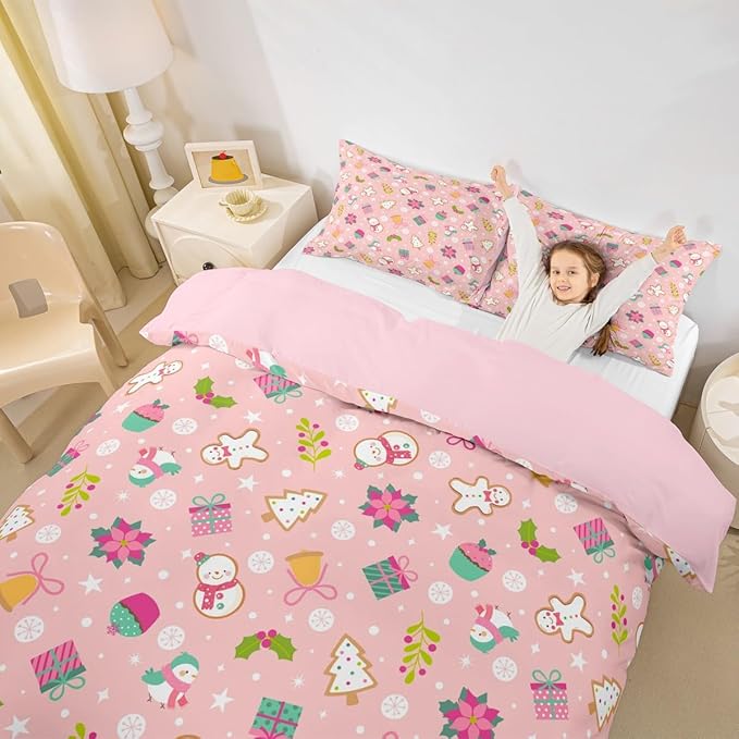 Christmas Kids Bedding Set Cartoon Christmas Tree Snowman Duvet Cover for Boys Children Teens Bedroom Decor Flower Birds Comforter Cover Set Pink New Year Bedspread Cover Twin Size with 1 Pillow Case