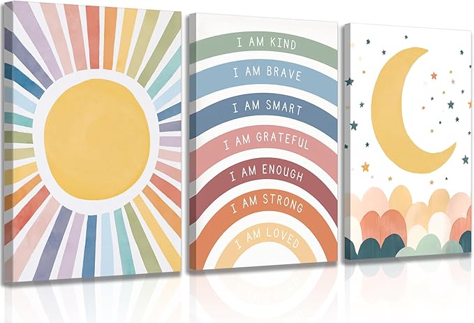 KBIERQN 3Pcs Boho Sun moon Canvas Wall Art Nursery Positive Affirmations Rainbow Poster Prints Bohemian Star Heart Picture for Toddler Baby Girls Room Playroom Bedroom Wall Decor 12x16in Framed