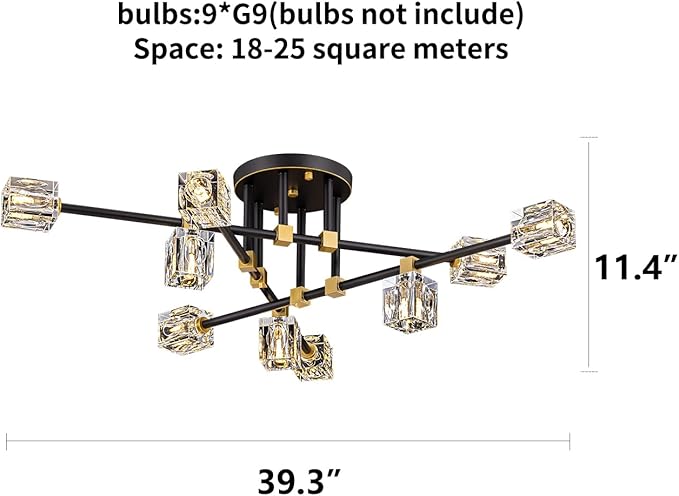 Modern Sputnik Chandelier, Semi Flush Mount Ceiling Light Fixture with 9-Lights, Black and Gold K9 Crystal Ceiling Light for Living Room, Dining Room, Foyer,Kitchen Island,Bedroom