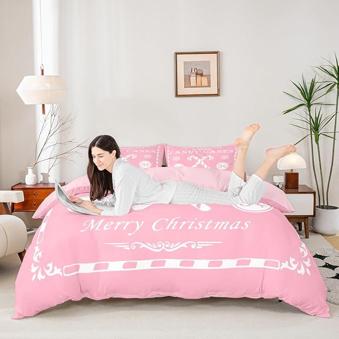 jejeloiu Christmas Bedding Set Full Size Kids Christmas Quote Comforter Cover Set for Boys Girls Teens Candy Canes Print Duvet Cover Xmas Bedspread Cover Room Decorations Pink White Quilt Cover