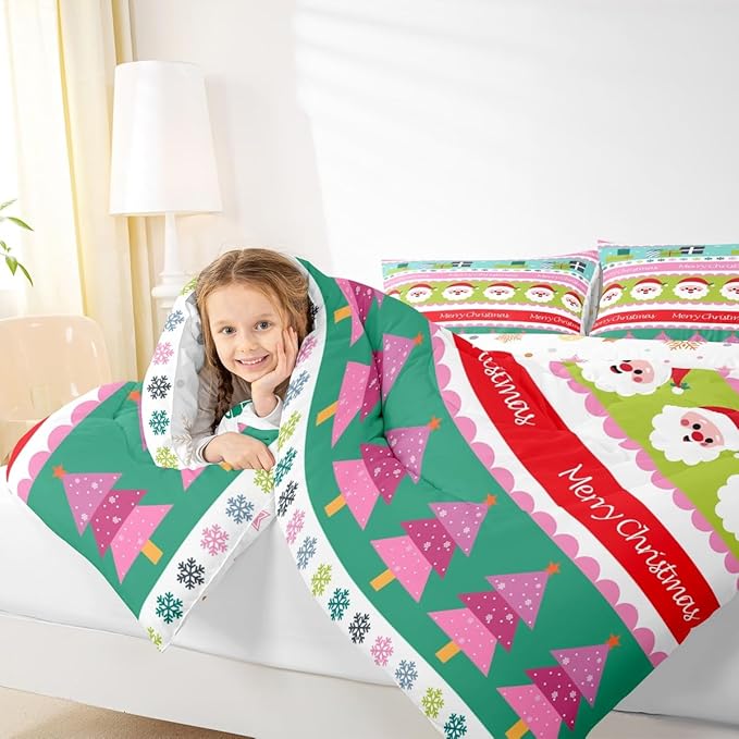 Feelyou Merry Christmas Comforter Set Queen Size Santa Claus Bedding Set for Kids Boys Girls Xmas Tree Snowflake Duvet Quilt Striped Bedroom Decor Microfiber 3 Pcs with 2 Pillow Cases