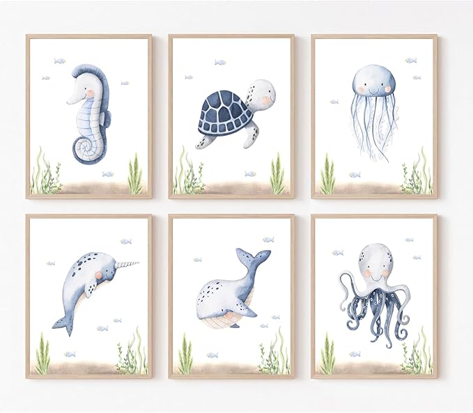 Wodkwq Nursery Wall Art Sea Animal Canvas Prints Baby Girl Boy Room Decor Watercolor Paintings Pictures Cute Ocean Theme Toddler Room Decoration Set of 6 for Kids Bedroom Bathroom 12x16in Unframed