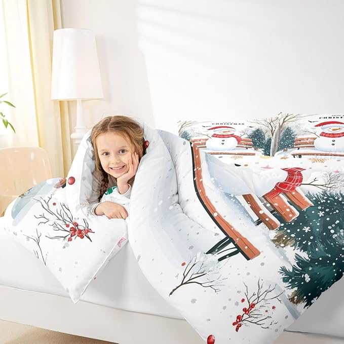 Feelyou Merry Christmas Comforter Set Toddler Size Cute Snowman Bedding Set for Kids Boys Girls Snowflake Duvet Quilt Christmas Tree Bedroom Decor Microfiber 2 Pcs with 1 Pillow Cases