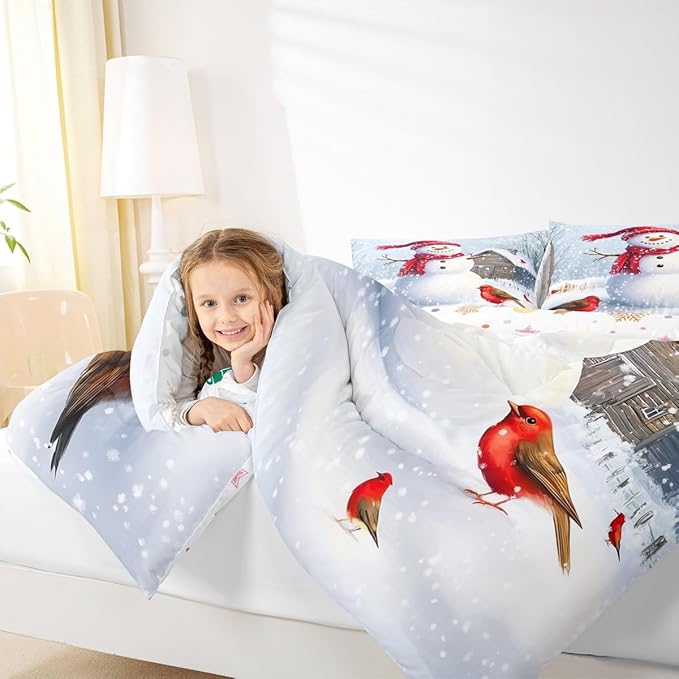 Feelyou Merry Christmas Comforter Set All Season Cute Snowman Bedding Set with 1 Pillow Cases Snowflake Microfiber Kids Toddler Bedclothes Winter Bedroom Decor Duvet Quilt Breathable Soft