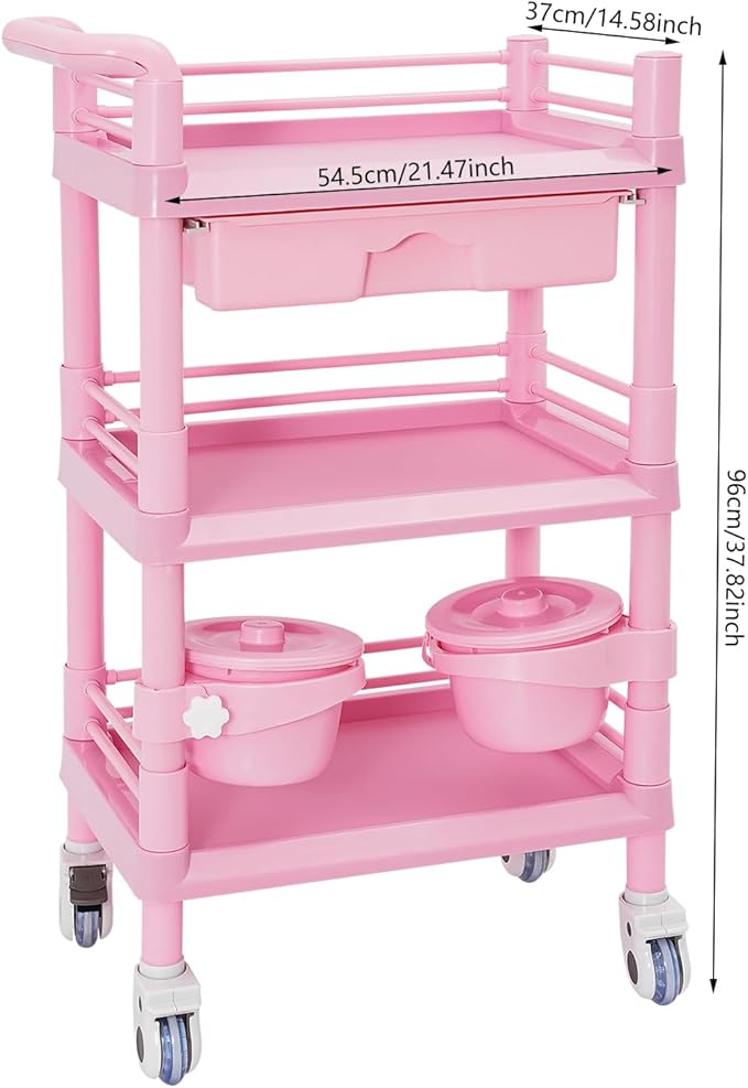 Medical Mobile Trolley Cart with 1 Drawers & 2 Trash Cans, 3 Tiers Portable Beauty Salon Rolling Trolley on Wheels, Medical Mobile Trolley Cart for Hospital Clinic Home, Pink
