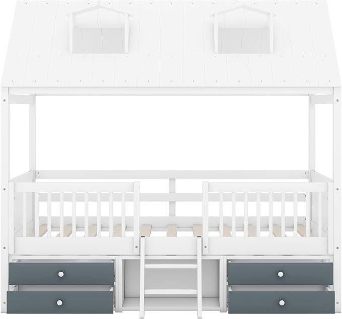 Merax Full Size Wood House Bed Frame with Full-Length Fence and 4 Storage Drawers, Funny Playhouse Tent Bed with Roof and 2-Step Ladder for Children Boys Girls Bedroom, No Box Spring Needed, White