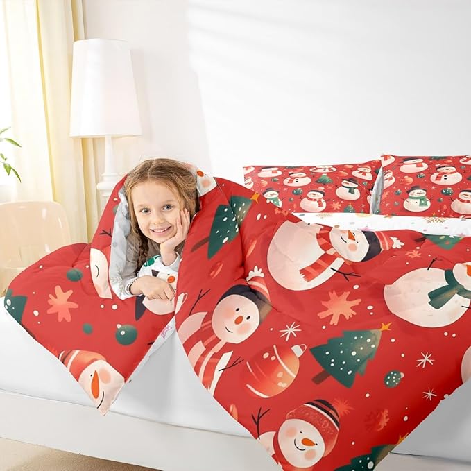 Feelyou Christmas Comforter Set Twin Size Snowman Bedding Set for Kids Boys Girls Snowflake Duvet Quilt New Year Theme Bedroom Decor Microfiber 2 Pcs with 1 Pillow Cases