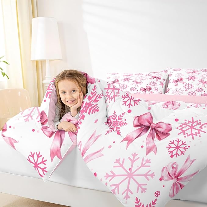 Cute Bow Tie Kids Bedding Set Queen Size,Girly Bowknot Snowflake Dots Comforter Set,Merry Christmas Winter Princess Quilt Comforter,Pink White Bedroom Duvet Insert,2 Pillowcases