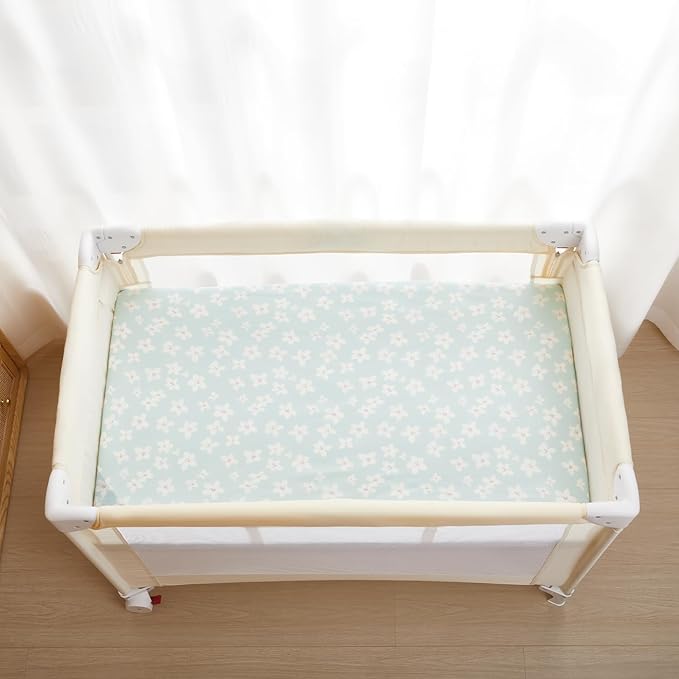 TILLYOU Mini Crib Fitted Sheets - Soft Knit Sheet for Pack N Play, Microfiber Mini Crib Sheets, Playpen Bedding Sheet for Baby 2 Pack, Machine Washable, 38'' x 24'', Fresh Flowers and Light Green