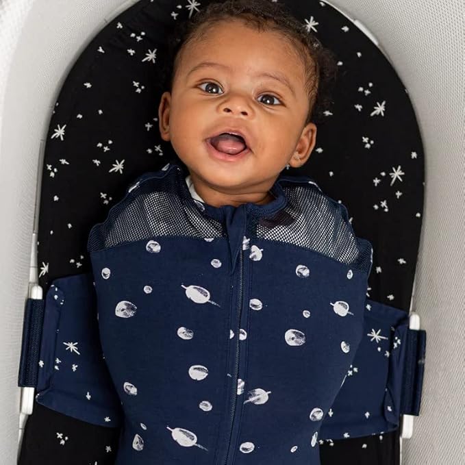 Happiest Baby SNOO Sleep Sack - 100% Organic Cotton Baby Swaddle Blanket - Doctor Designed Promotes Healthy Hip Development (Midnight Planets, Medium)