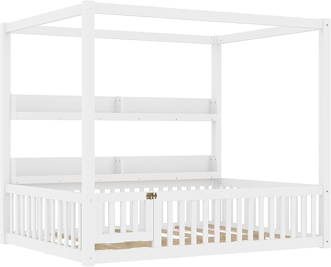 Bellemave Canopy Floor Bed Full Size with Safety Fence and Bookcase,Built in Four Poster Design,Full Montessori Floor Bed Frame for Toddlers,Kids,Boys,Girls,No Spring Box Needed（Full,White）