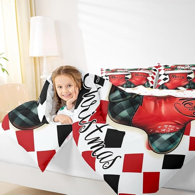 Feelyou Merry Christmas Comforter Set King Size Cartoon Shoes Bedding Set for Kids Boys Girls Duvet Quilt Winter Bedroom Decor Microfiber 3 Pcs with 2 Pillow Cases