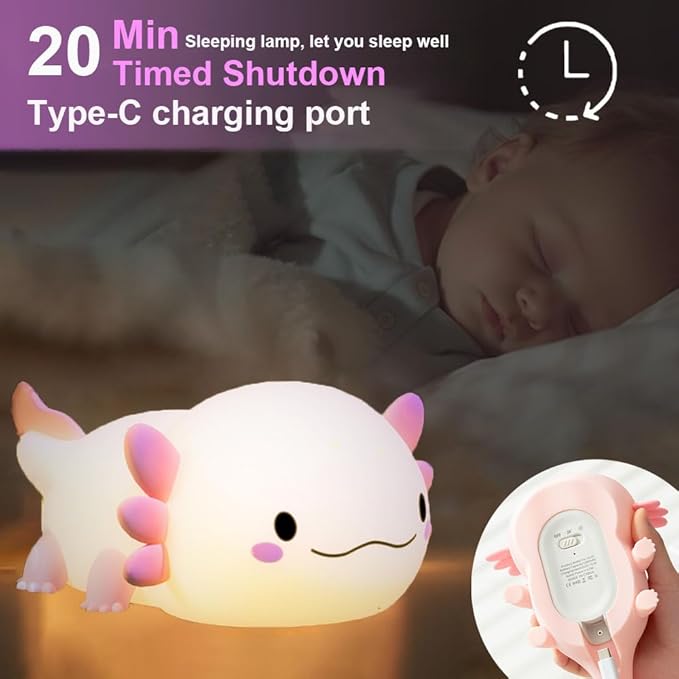 Axolotl Night Light for Kids Bedroom, Animal Silicone Nursery Night Lamp Touch Dinosaurs Nightlights USB Rechargeable Bedside Lamp for Baby Children Toddlers Girls Gift (Pink Axolotl)