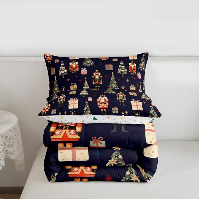 jejeloiu Xmas Nutcracker Comforter Set Full Size Christmas Dark Blue Bedding Set for Kids Boys Girls Cute Snowflakes Duvet Quilt Bedroom Decor