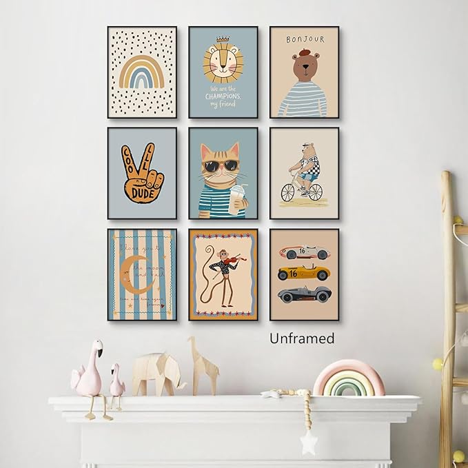 9 Pieces Nursery Canvas Wall Art, Cute Milkshake Cat Poster, Happy Bear and Violin Playing Monkey Kids Poster, Boys Playroom Cars Picture, Cozy Rainbow Dots and Smiling Moon Print 8x12in Unframed