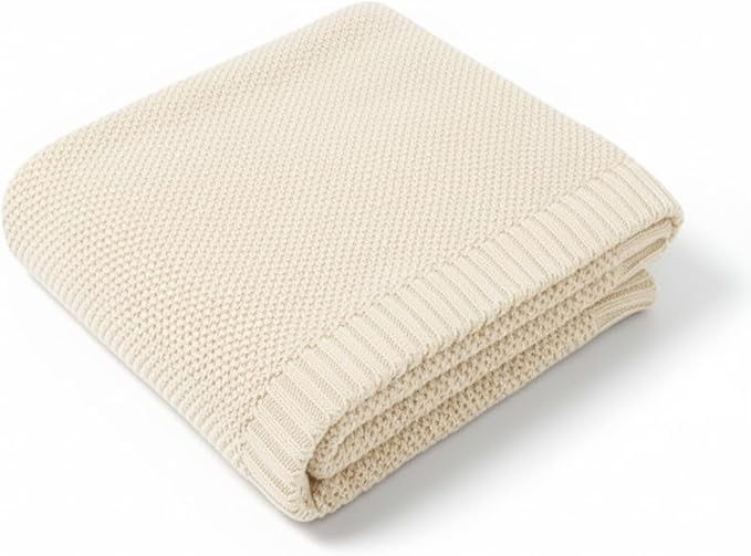 Baby Knit Blanket Soft Cotton Lightweight Newborn Blanket for Crib Stroller Toddler Nursery Shower Gift Cozy Breathable Travel Swaddle Wrap Cream 30 x 30 Inches
