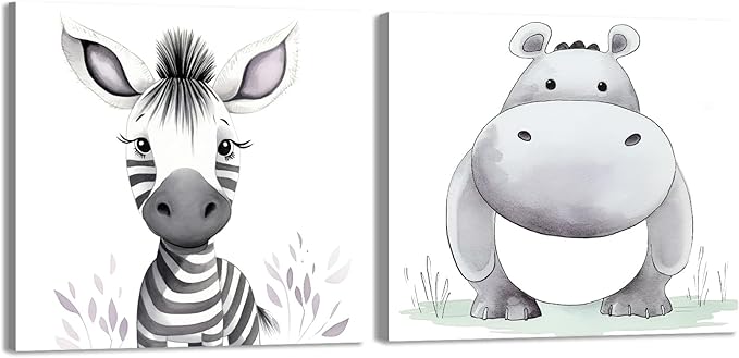 Baby Animal Framed Canvas Wall Art Set of 2 - Cute Baby Zebra Hippo Paintings Pictures Nursery Decor Wild Animals Posters Prints for Living Room Kids Room Decor(Artwork-01, 16"x16"x2P)