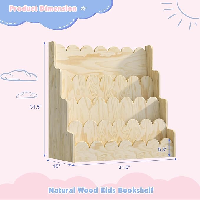 4 Tier Scalloped Kids Bookshelf Natural Wood Toddler Book Rack Nursery Bookcase Playroom Coloring Book Magazine Display Storage Shelf Organizer Classroom Library Homeschooling (Natural Wood)