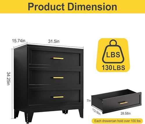 34.25" Tall Metal Dresser for Bedroom, 3 Drawer Black File Cabinet with Gold Handles, Dressers Chests with Fluted Panel, Vertical Drawer Storage Cabinet for Living Room, Entryway, Hallway